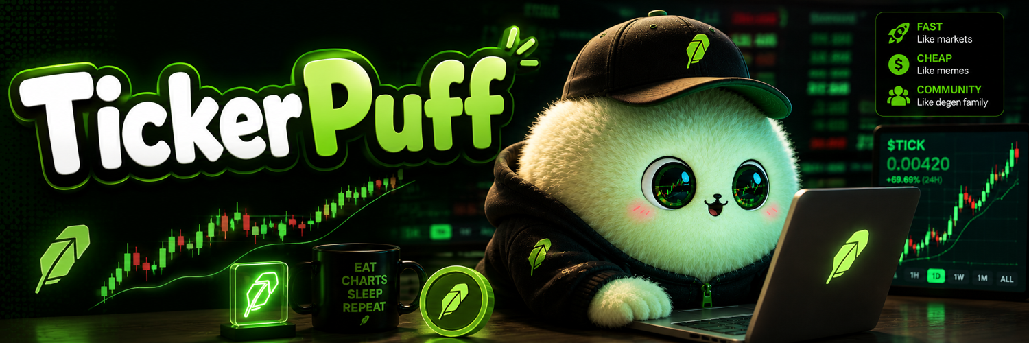 TickerPuff banner with mascot and market charts
